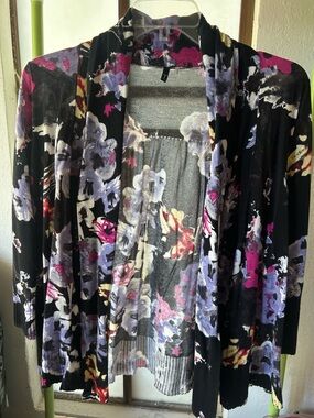 Tahari Black Floral Open-Front Cardigan with Purple and Pink Accents
